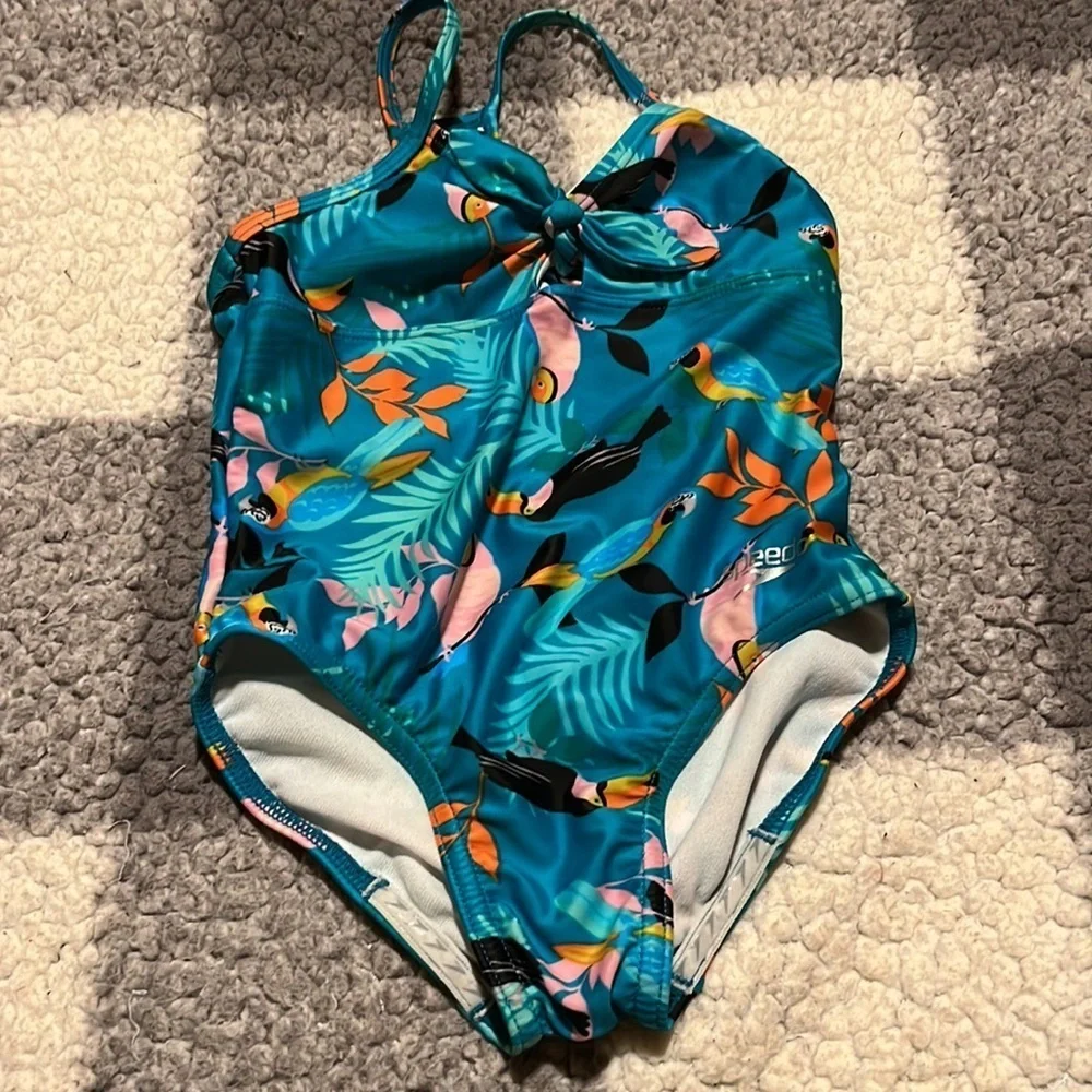 Speedo Girls Thin Strap One Piece Swimsuit Blue Capri Breeze Size XS